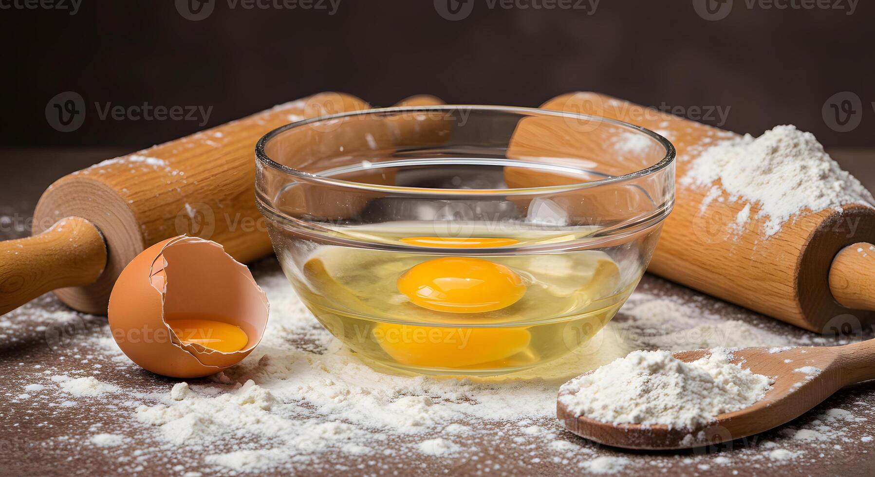 Eggs in a glass with flour and rolling pin photo