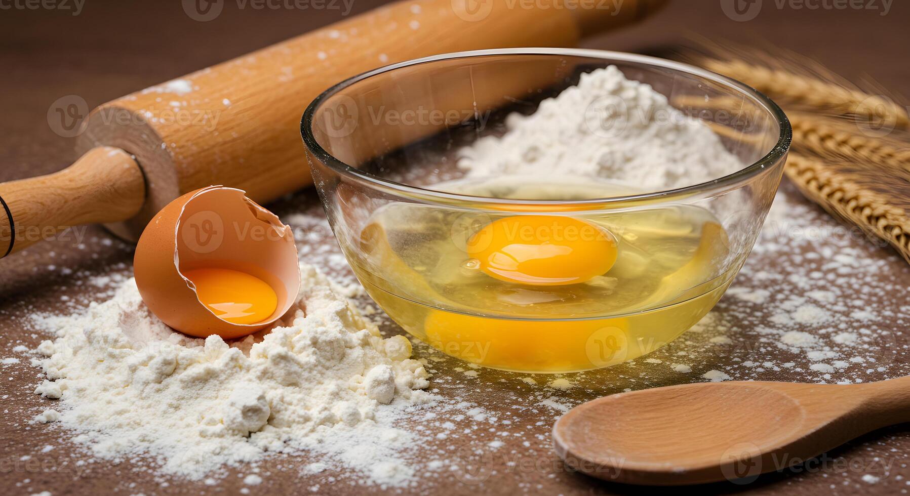 Eggs in a bowl with flour and a rolling pin photo