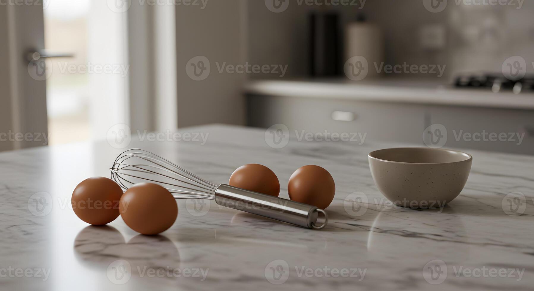 A kitchen counter with a whisk and eggs photo