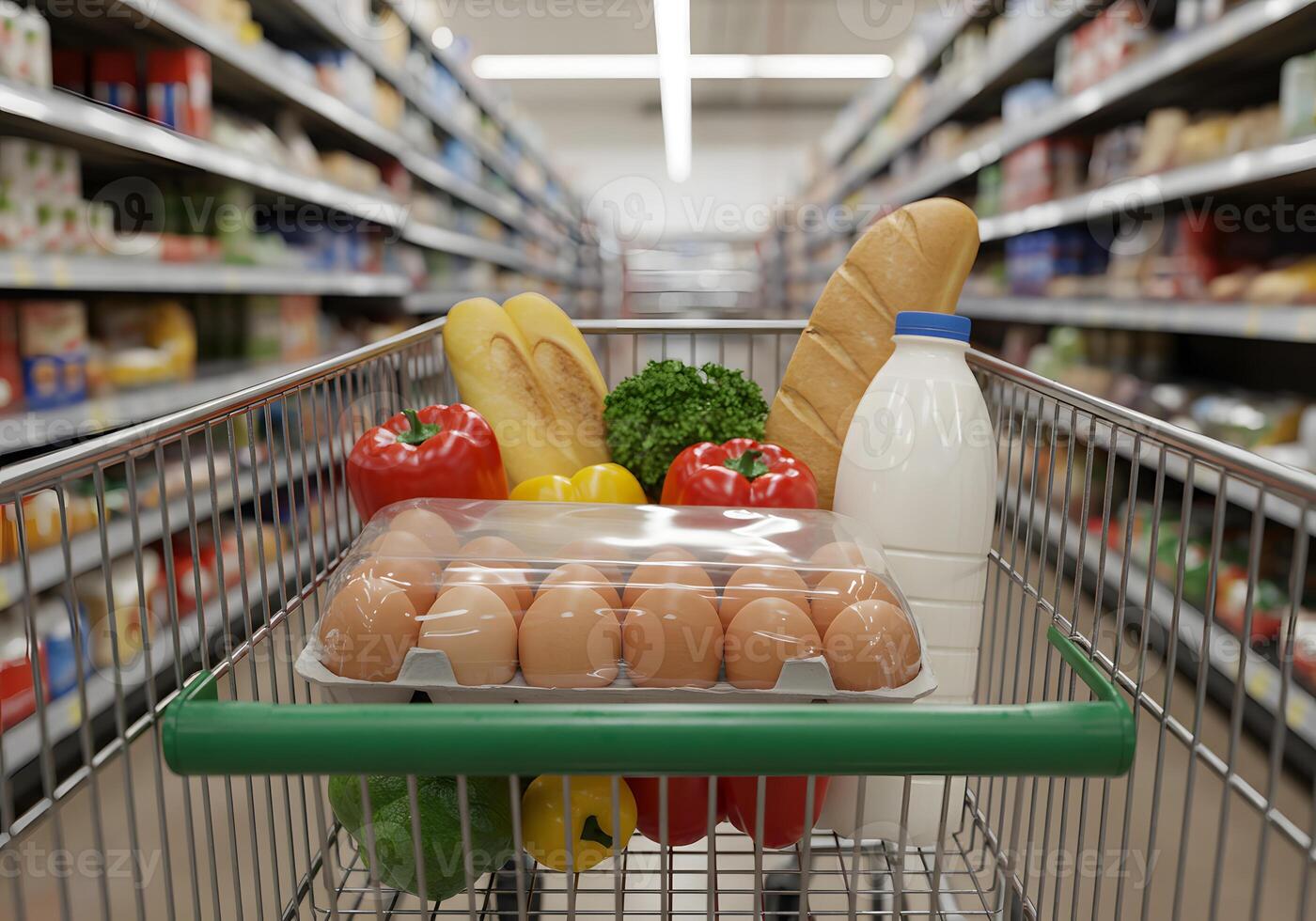 A shopping cart filled with groceries in a supermarket photo