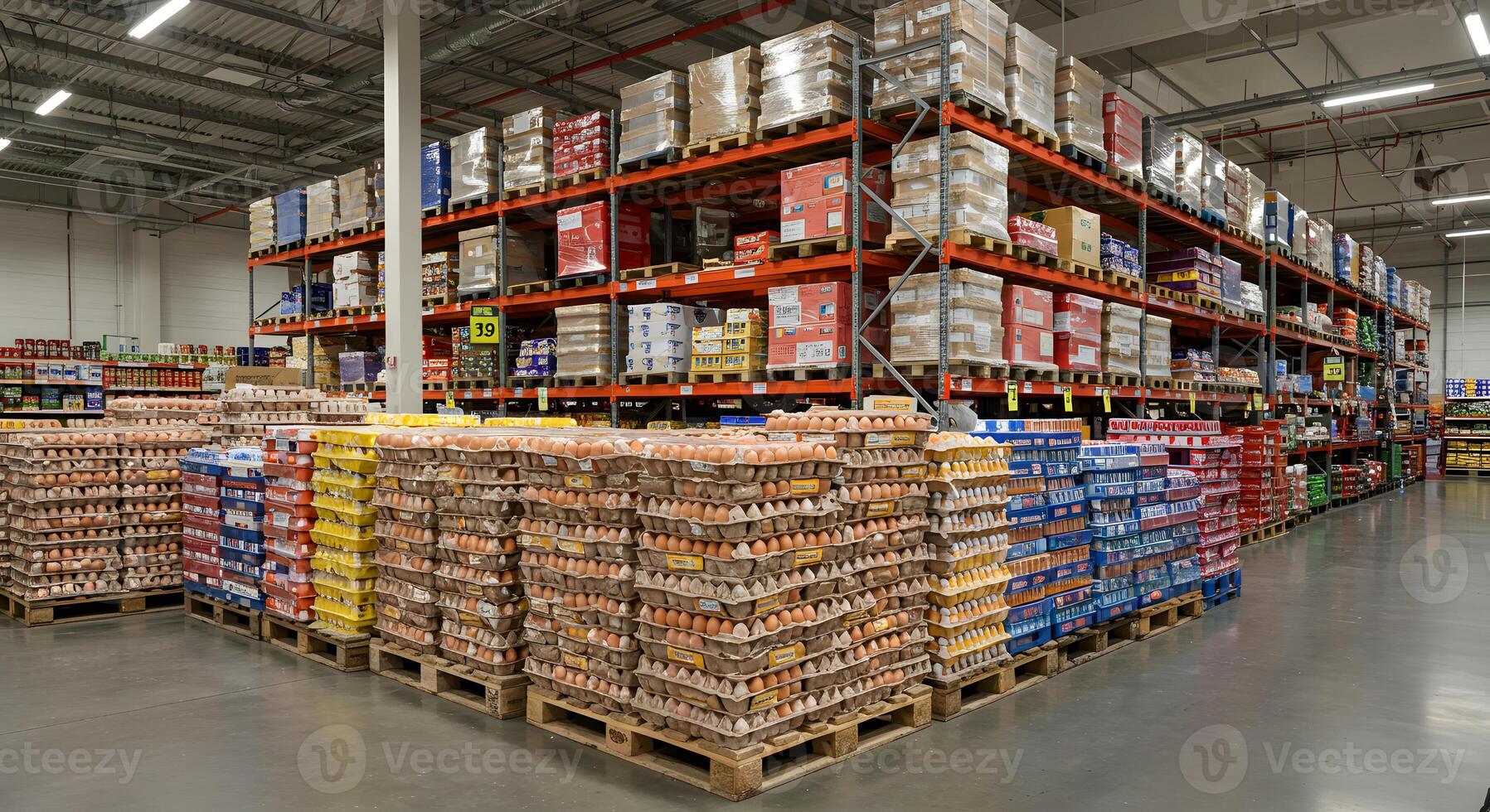 A large warehouse with lots of shelves and pallets photo