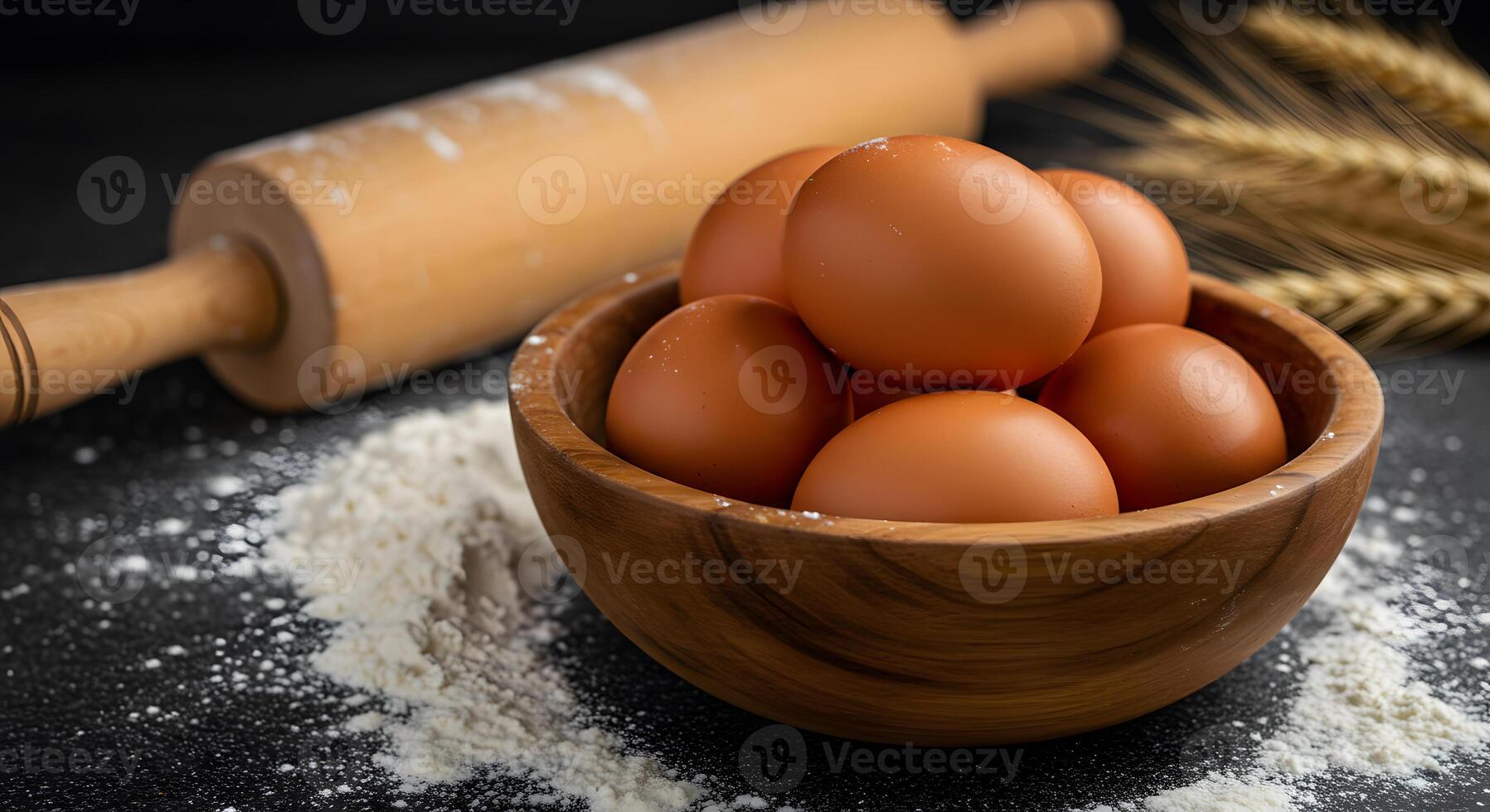 Brown eggs in a bowl with flour and rolling pin photo