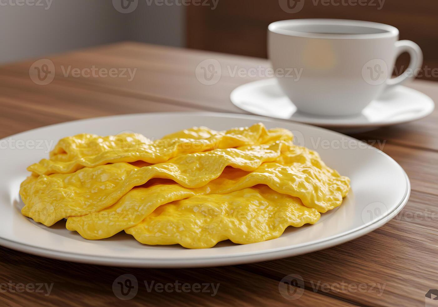 A plate of scrambled eggs and a cup of coffee photo