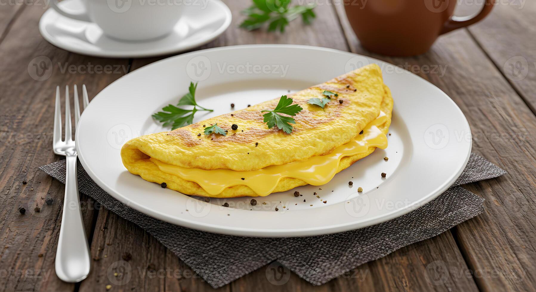 A plate with an omelet and a cup of coffee photo