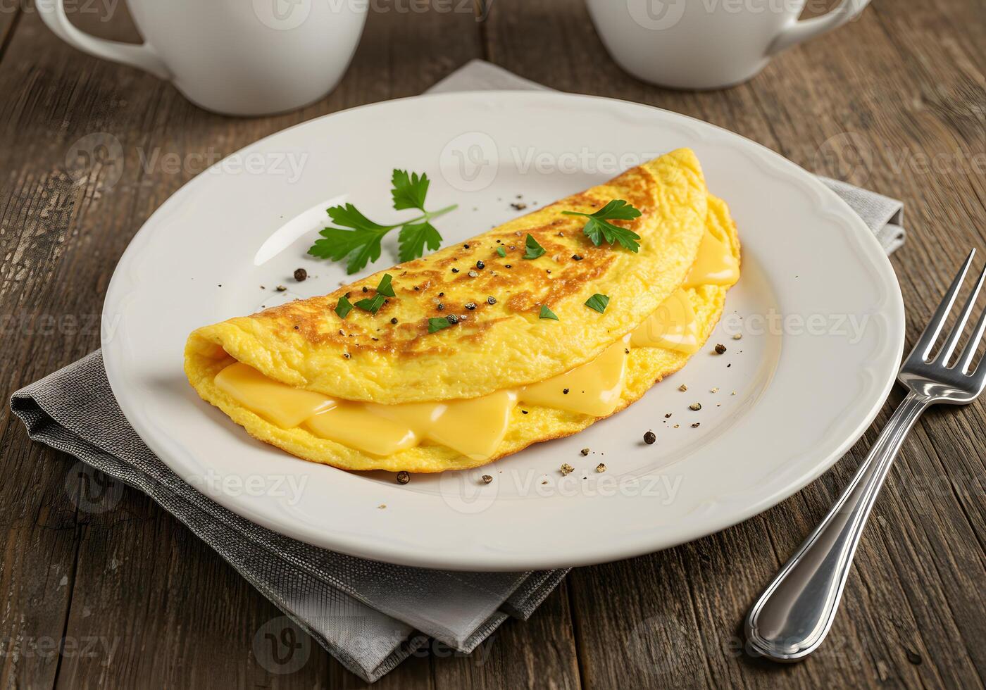 A plate with an omelet and two cups of coffee photo