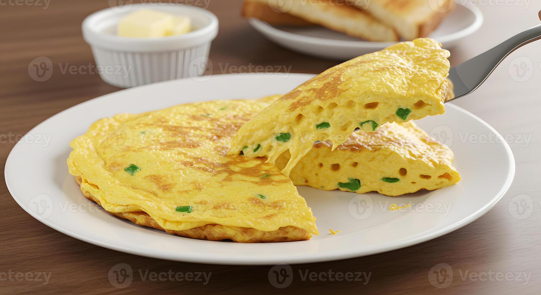 A person holding a fork and cutting into an omelet photo