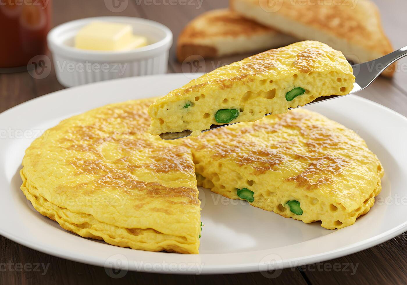 A plate with a slice of omelet and toast photo