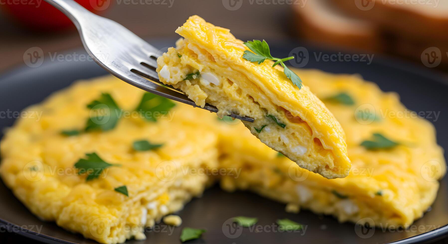 An omelet with cheese and herbs on a fork photo