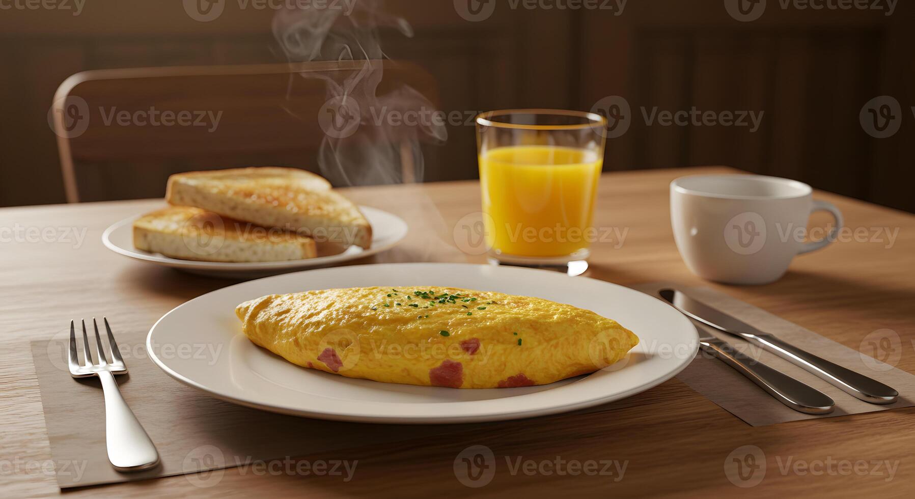 A table with a plate of food and a glass of orange juice photo