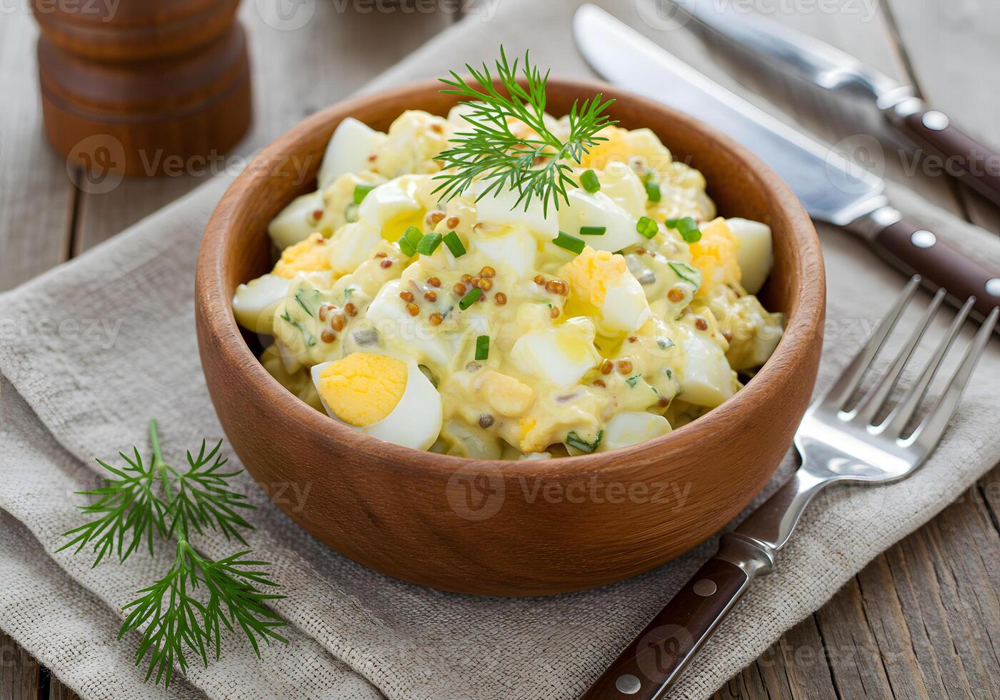 A bowl of potato salad with eggs and green onions photo