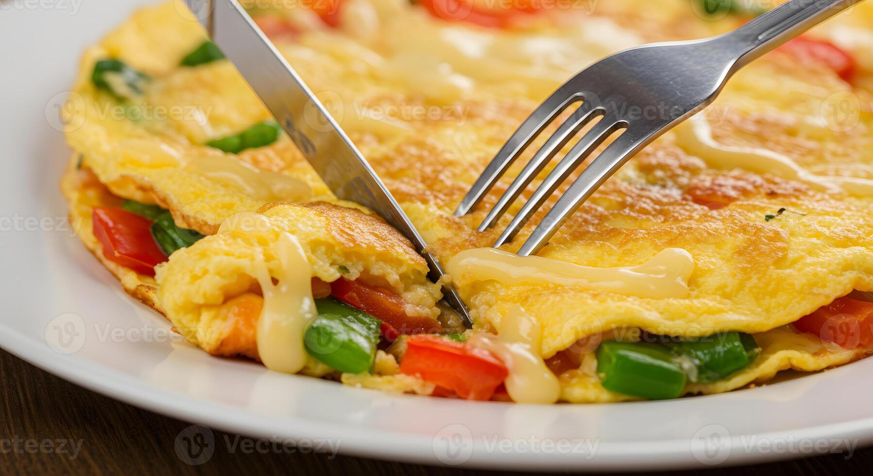 A fork is cutting into an omelet photo
