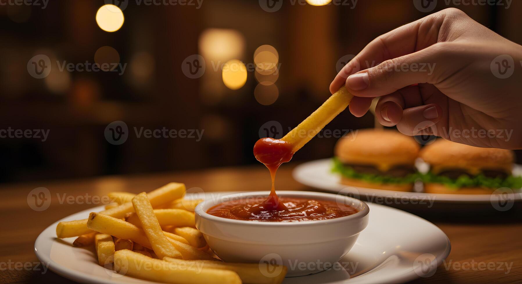 A person dipping a ketchup packet into a bowl of fries photo