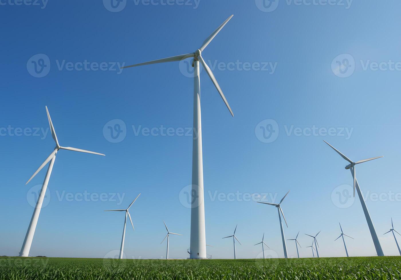 A group of wind turbines in a field photo