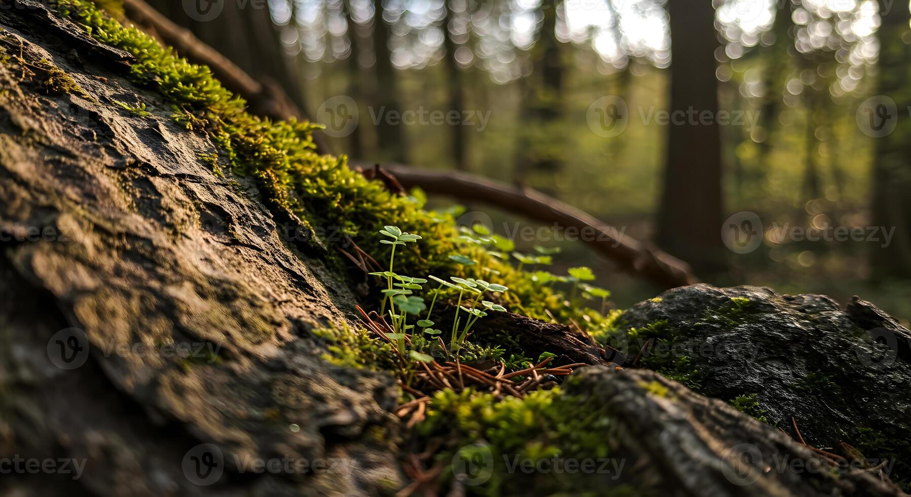 A small plant growing on a tree trunk in the woods photo