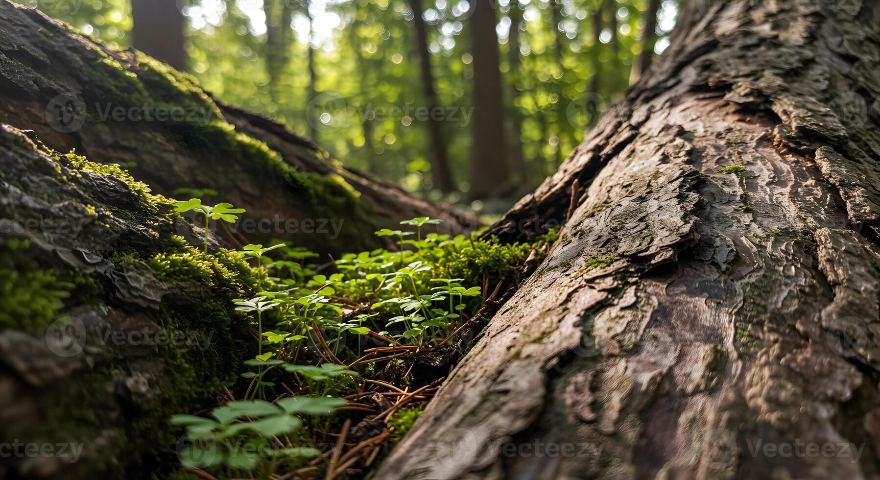 A close up of a tree trunk with green plants growing on it photo