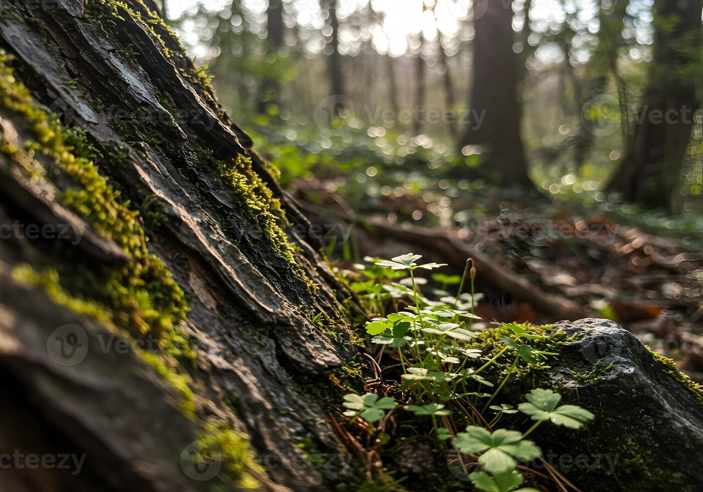 A small plant grows on a tree trunk in the woods photo