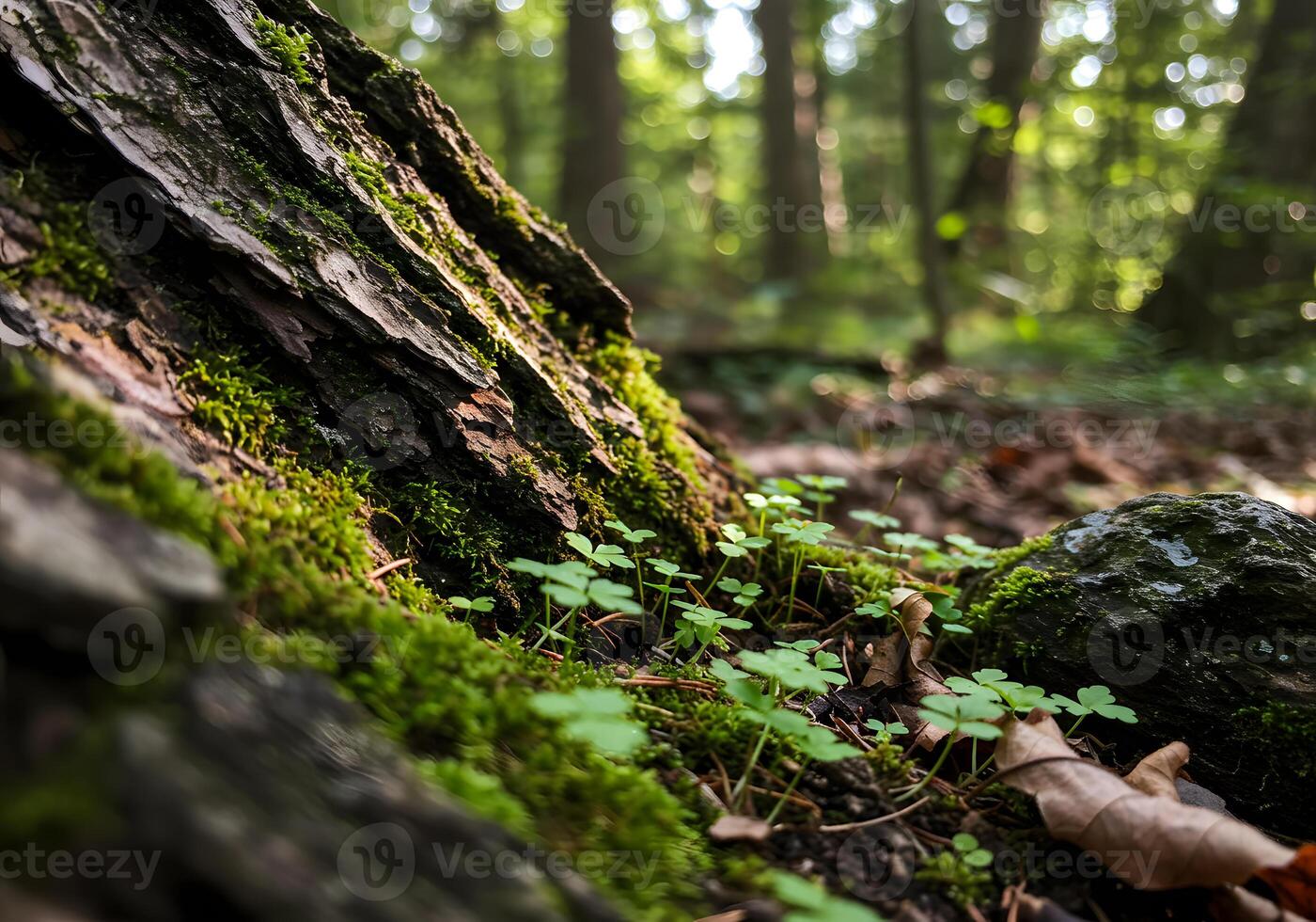 A close up of green plants growing on a tree trunk photo