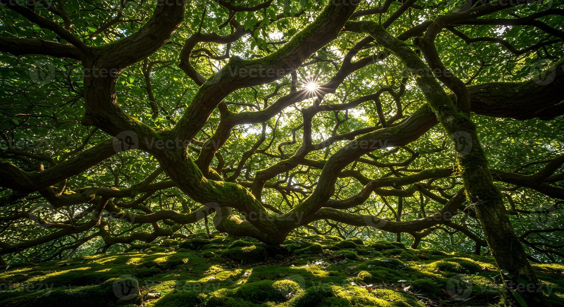 The sun shines through the branches of a moss covered tree photo