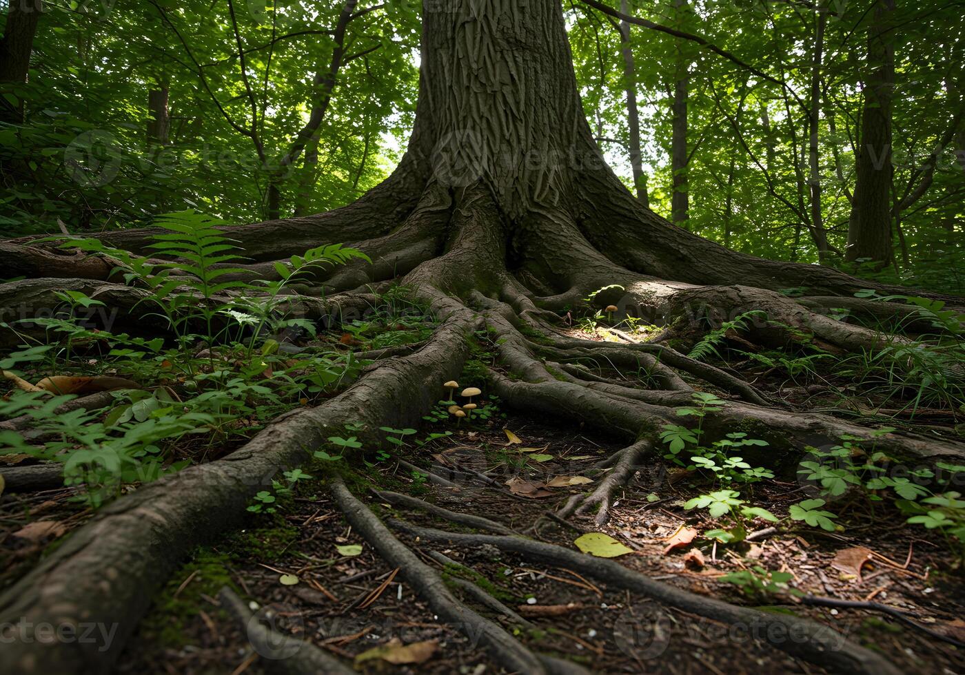 A large tree with many roots in the woods photo