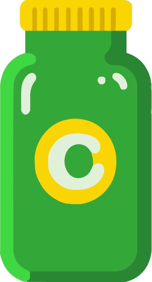 Flat minimal bold silhouette of vitamin C bottle green silhouette with a yellow accent detail health wellness vector