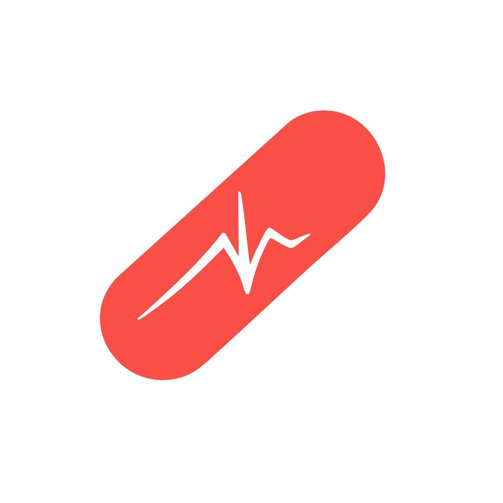 Flat minimal bold silhouette of medical pill with a heartbeat red silhouette with a white accent detail health wellness vector