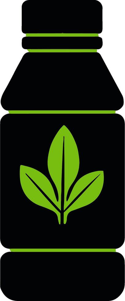 Flat minimal bold silhouette of fitness water bottle with a leaf symbol black silhouette with a green accent detail health wellness vector