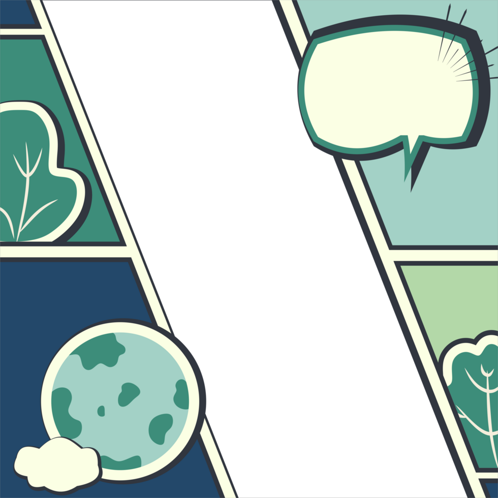 green and blue background with speech bubbles, earth and leaf png