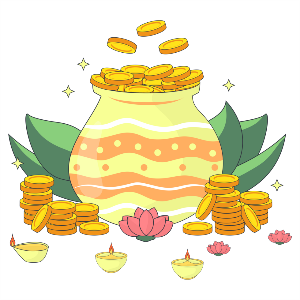 Akshaya Tritiya Prosperity Pot with Gold Coins and a lit oil lamp png