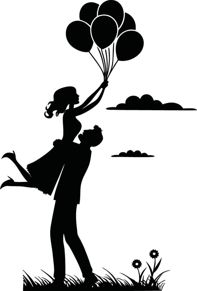 Romantic Couple with Balloons Silhouette vector