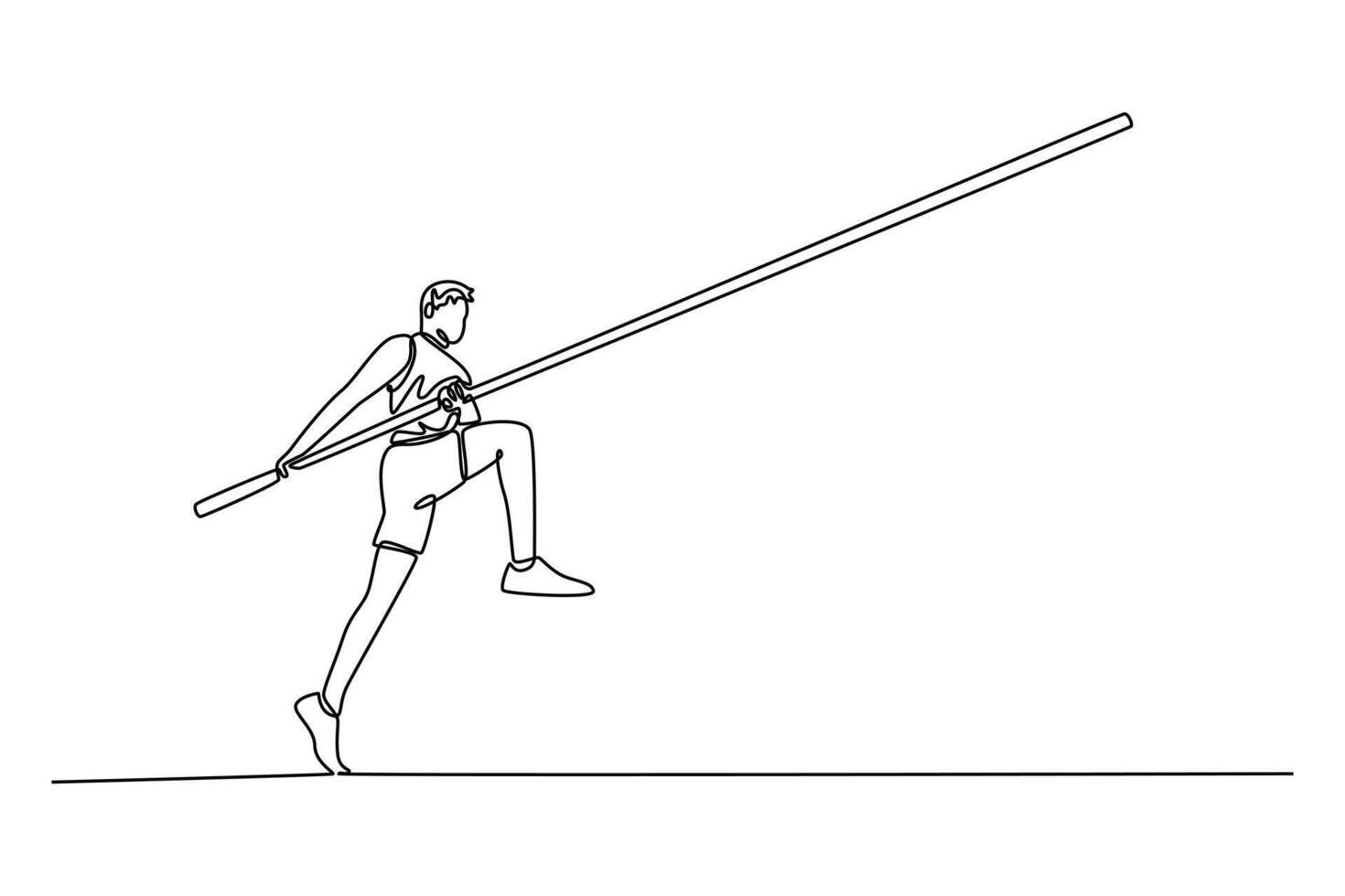 Single one line drawing professional male pole vaulter ready to overcome difficulties, training for tournament. Practicing at outdoors stadium. Continuous line draw design graphic illustration vector