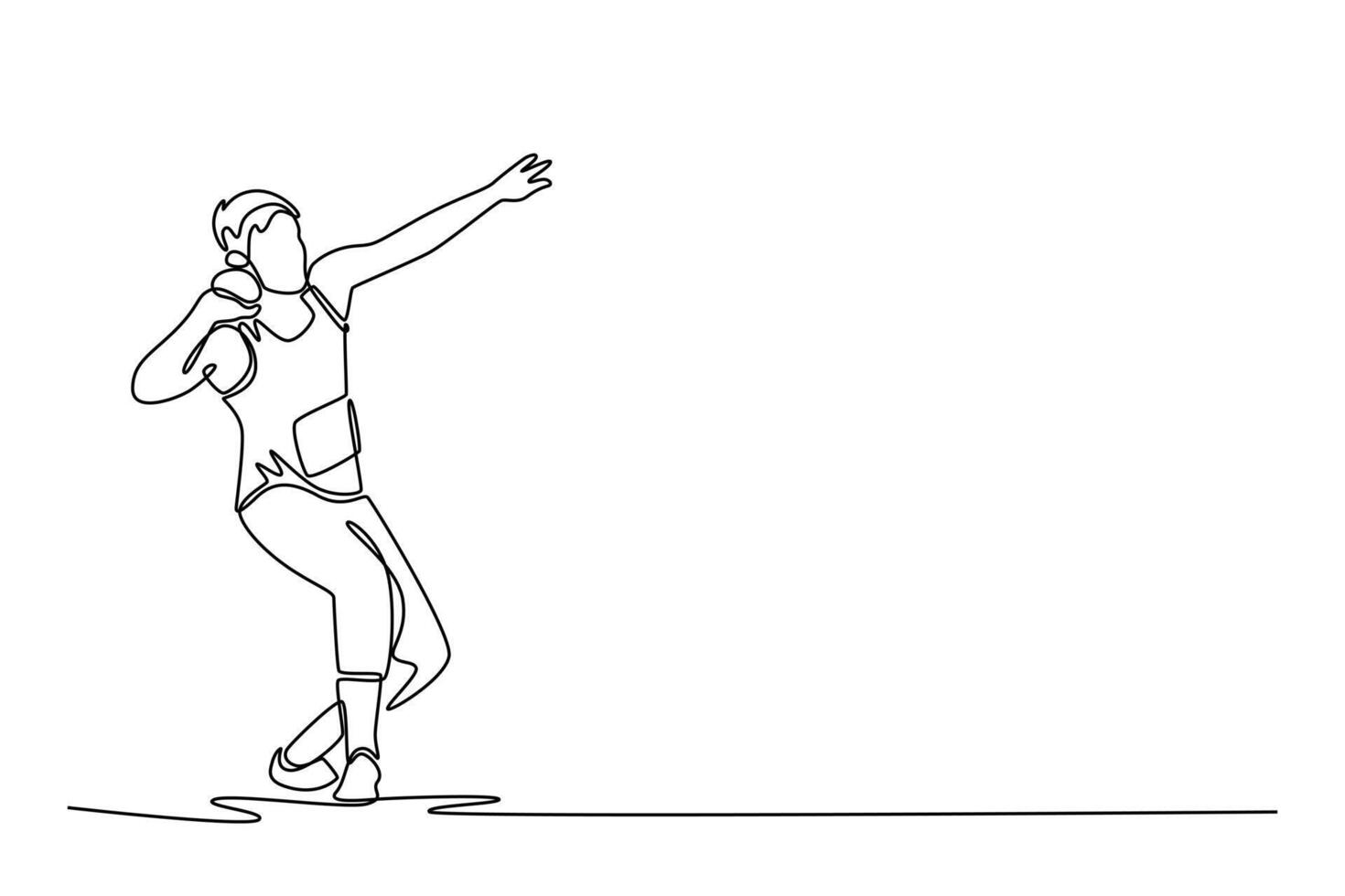 Single one line drawing focused male shot putter holds shot put ball firmly against neck, muscles taut prepares to release a burst of strength. Continuous line draw design graphic illustration vector