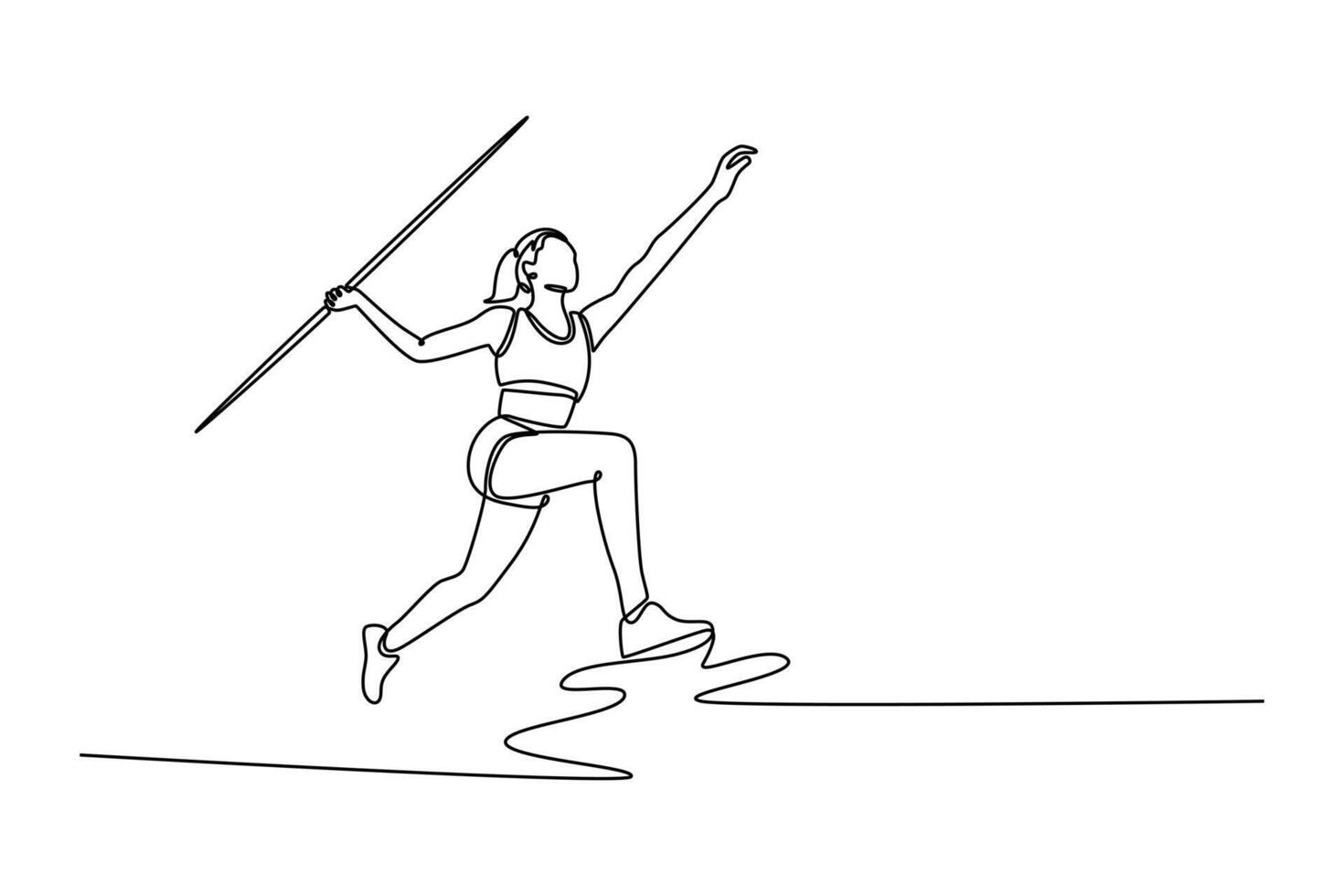 Continuous one line drawing strong female athlete throwing javelin practice on track field stadium. Sportswoman focused on stance in ready position. Single line draw design graphic illustration vector