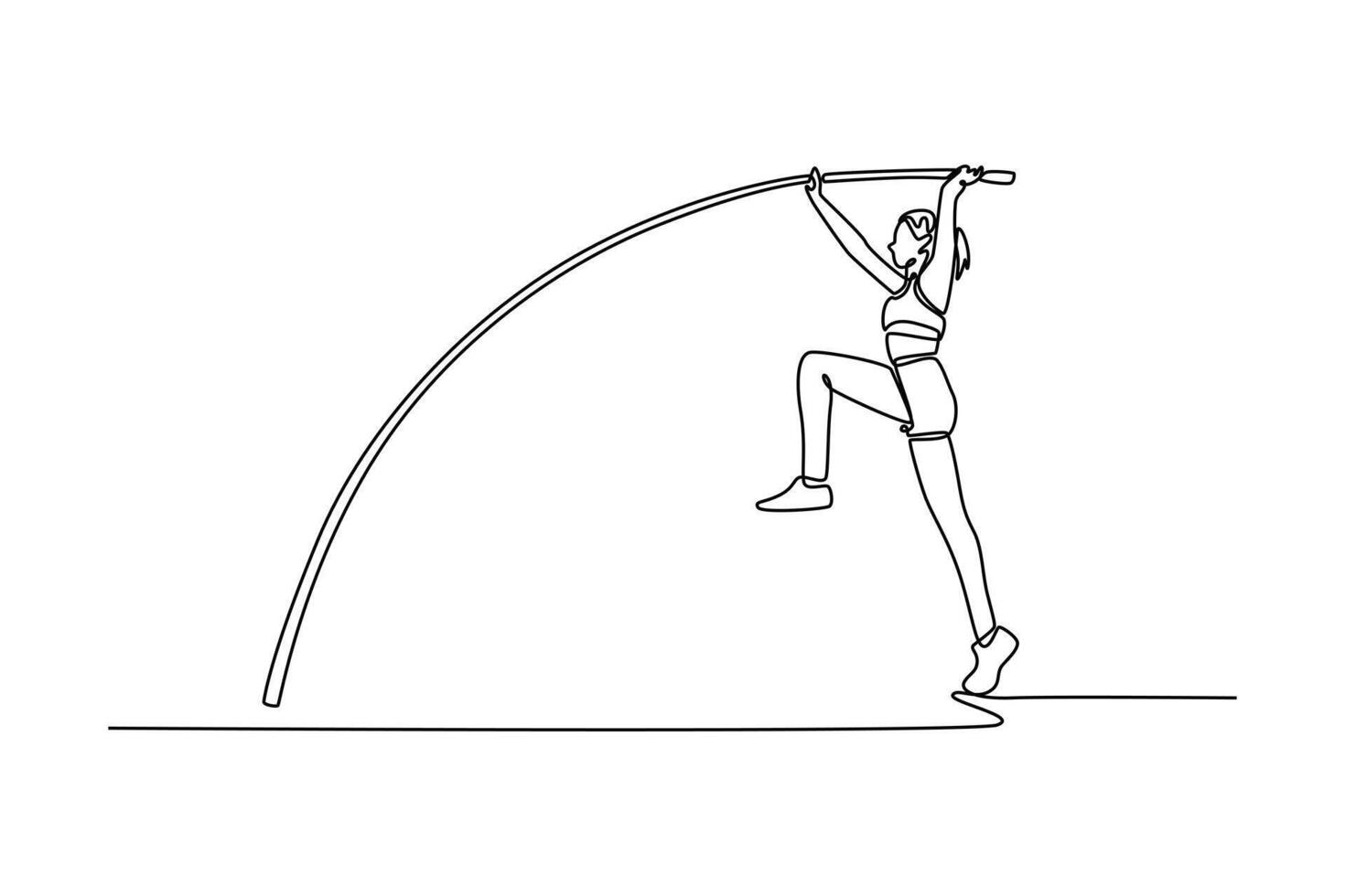 Single one line drawing female athlete on world championship ready to successfully jumping with pole over the bar. Sport achievement experience. Continuous line draw design graphic illustration vector