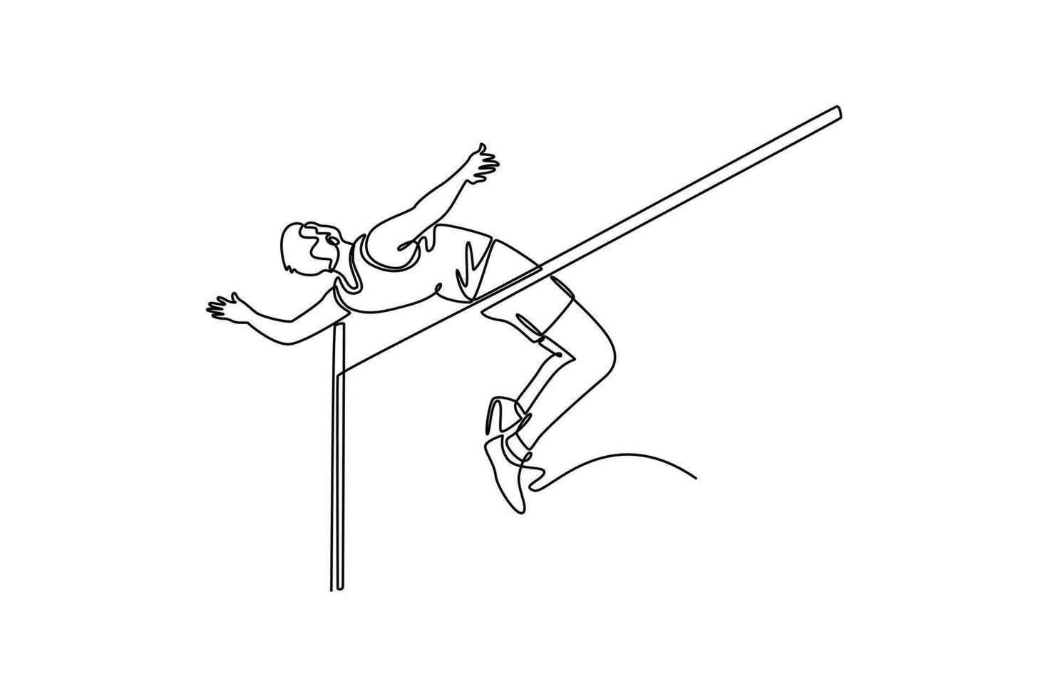 Single one line drawing male athlete practicing at sports stadium, doing high jump. Agile, explosive, precision, flexibility, and power. Modern continuous line draw design graphic illustration vector