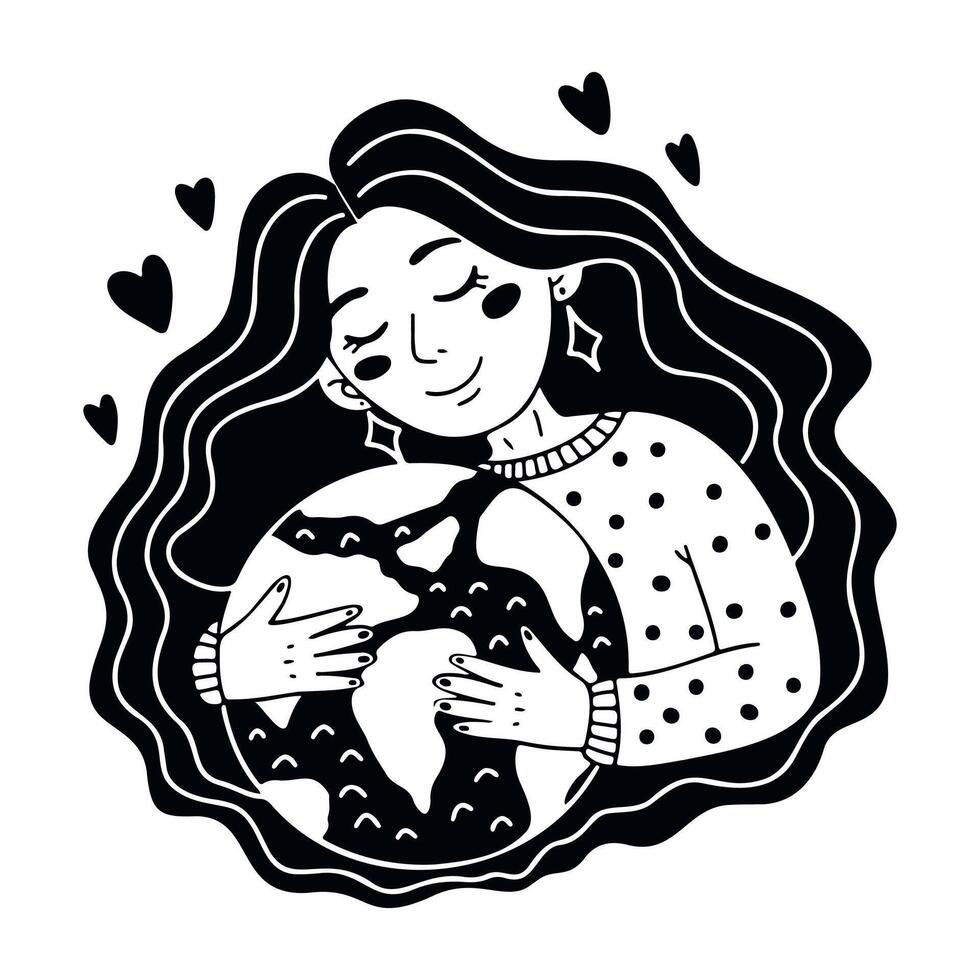 illustration in black and white doodle sketch style cute woman with long hair hugging planet earth vector