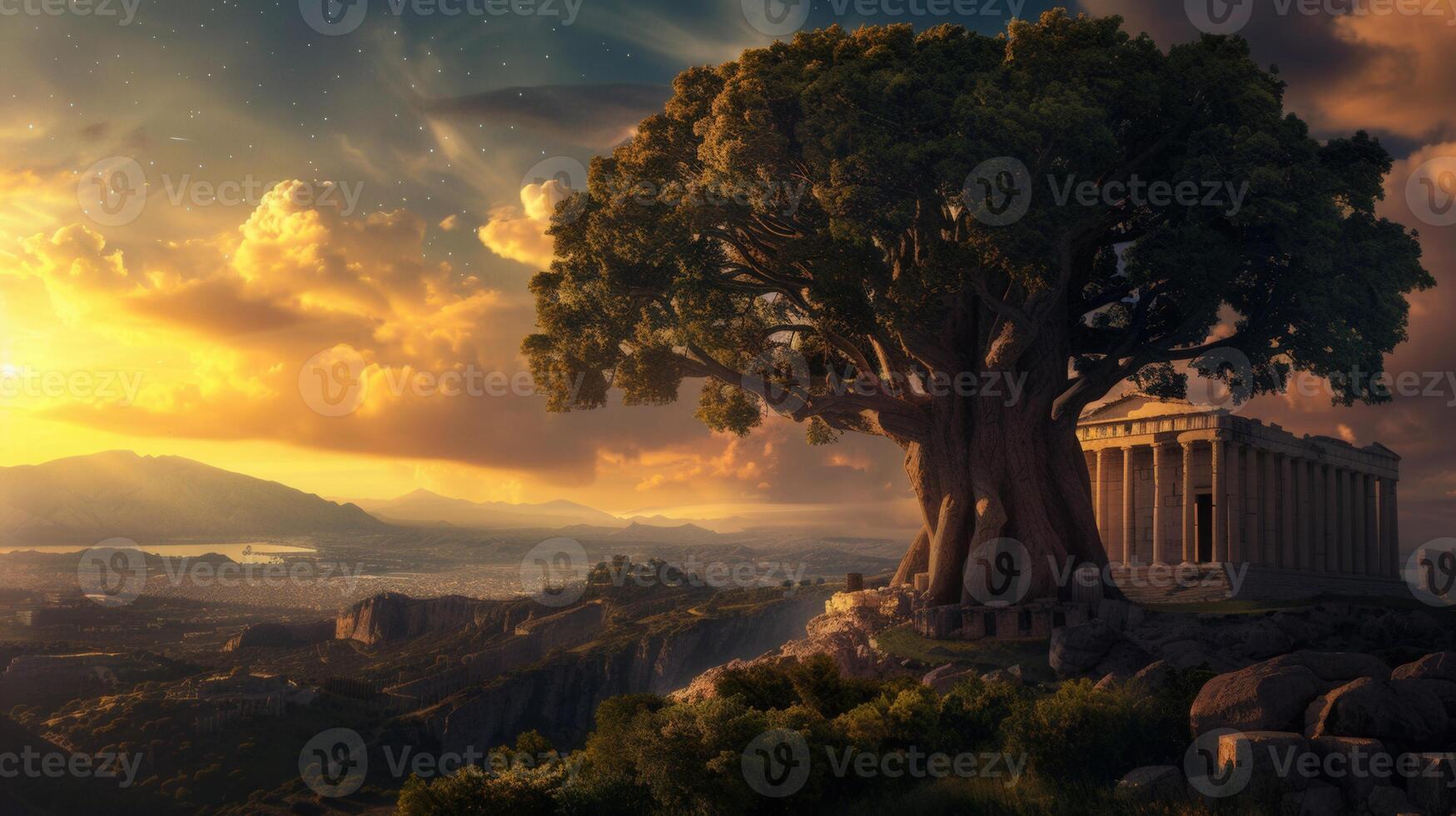 A breathtaking sunset casts a warm glow over a majestic tree and an ancient temple. photo