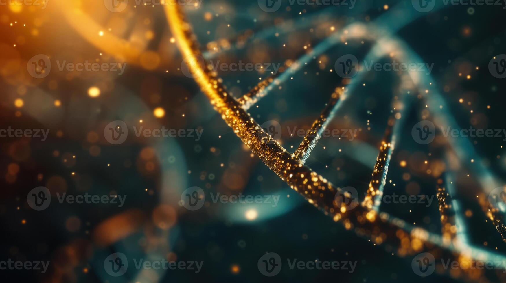 An artistic representation of a dna strand with glowing golden lights and bokeh background. photo
