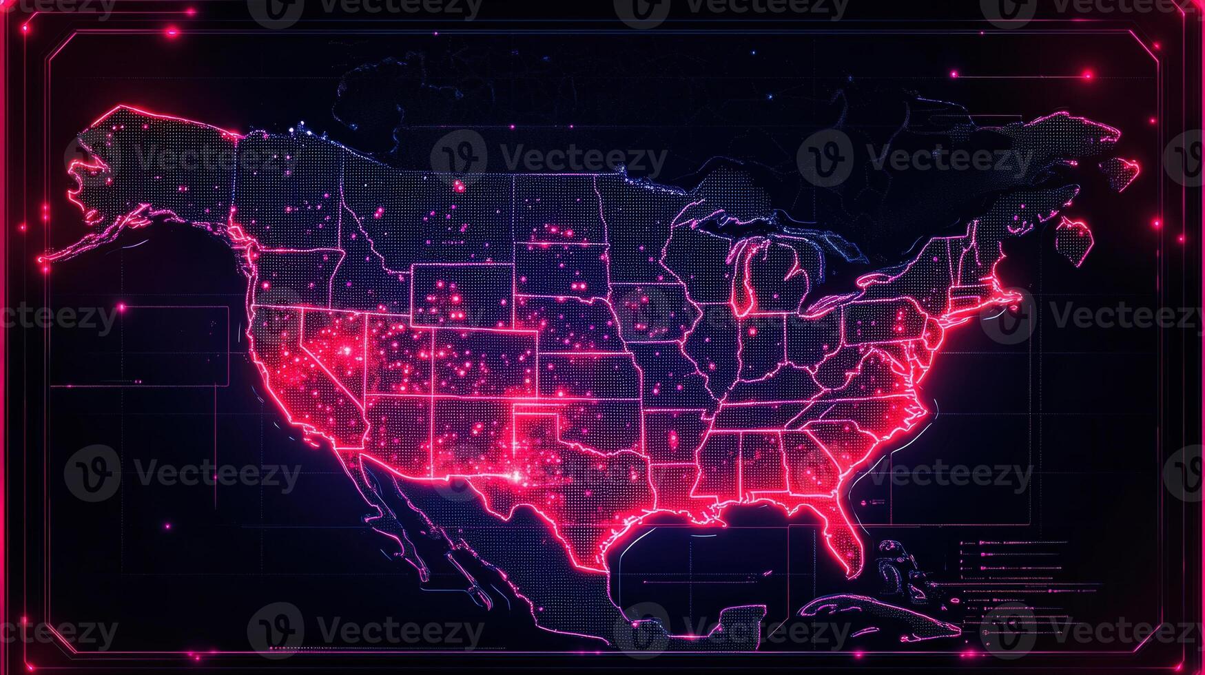 Illuminated digital map of the United States displaying data points and glowing connections. photo