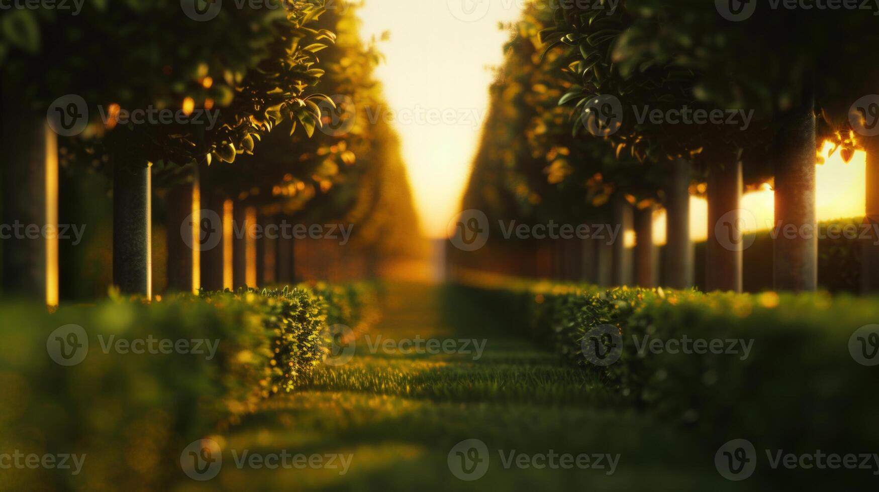 Lined trees and sunlight create a stunning pathway in a beautifully manicured garden. photo