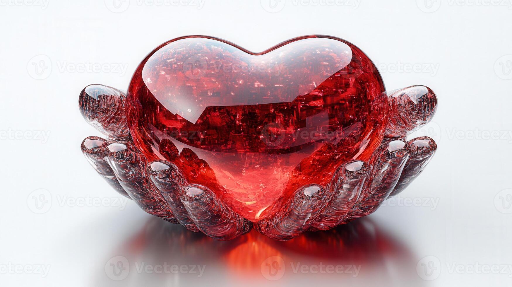 A luminous red heart, sculpted in glass, held gently by intricately detailed hands. photo