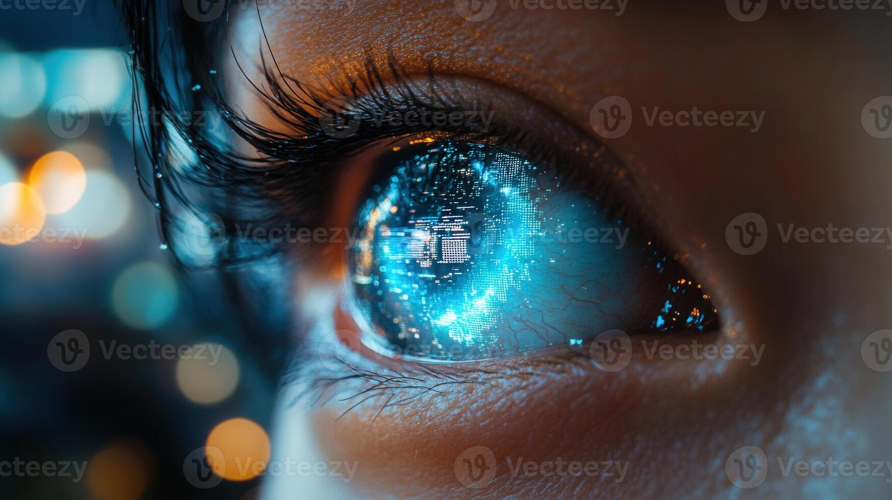 A striking close-up of an eye reflecting digital data, a vision of futuristic technology. photo
