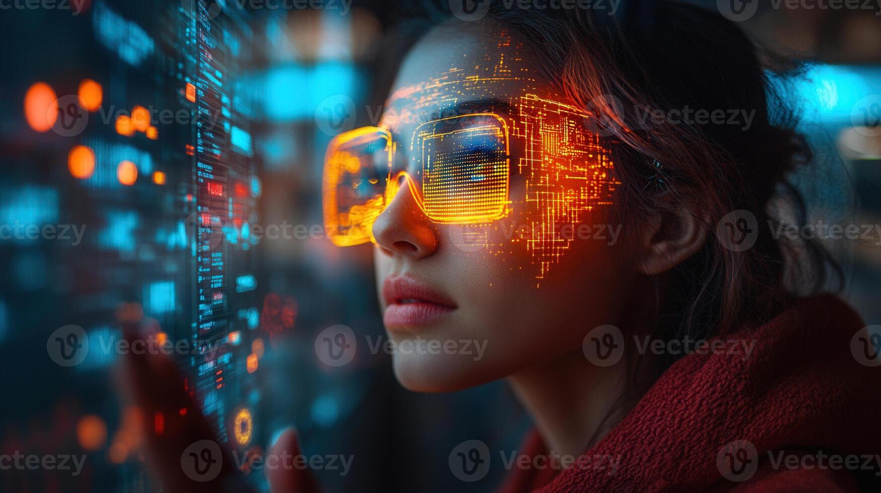 A woman interacts with futuristic data through augmented reality glasses with a light glow. photo