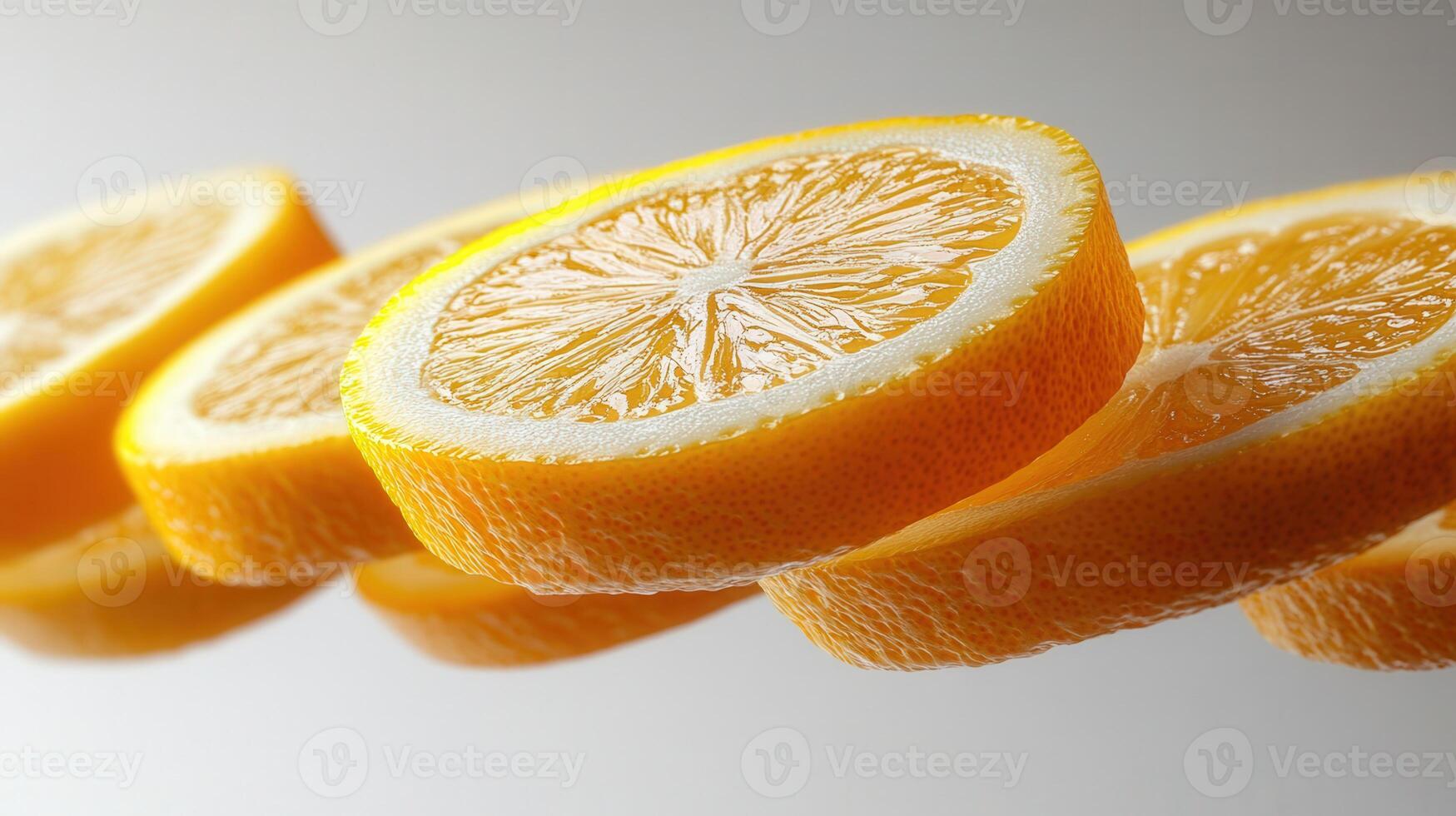 Close-up shot of vibrant yellow lemon slices floating on a white backdrop, perfectly fresh. photo