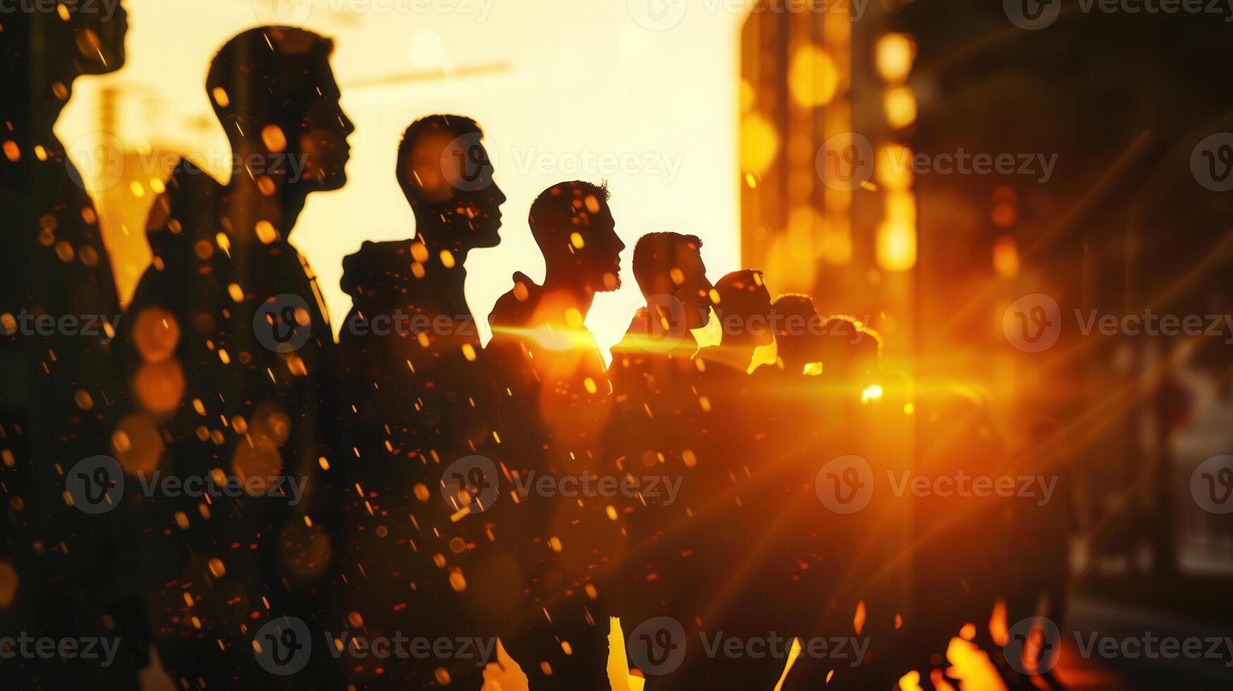 Silhouette of people against a warm sunset, creating a beautiful, golden light effect. photo