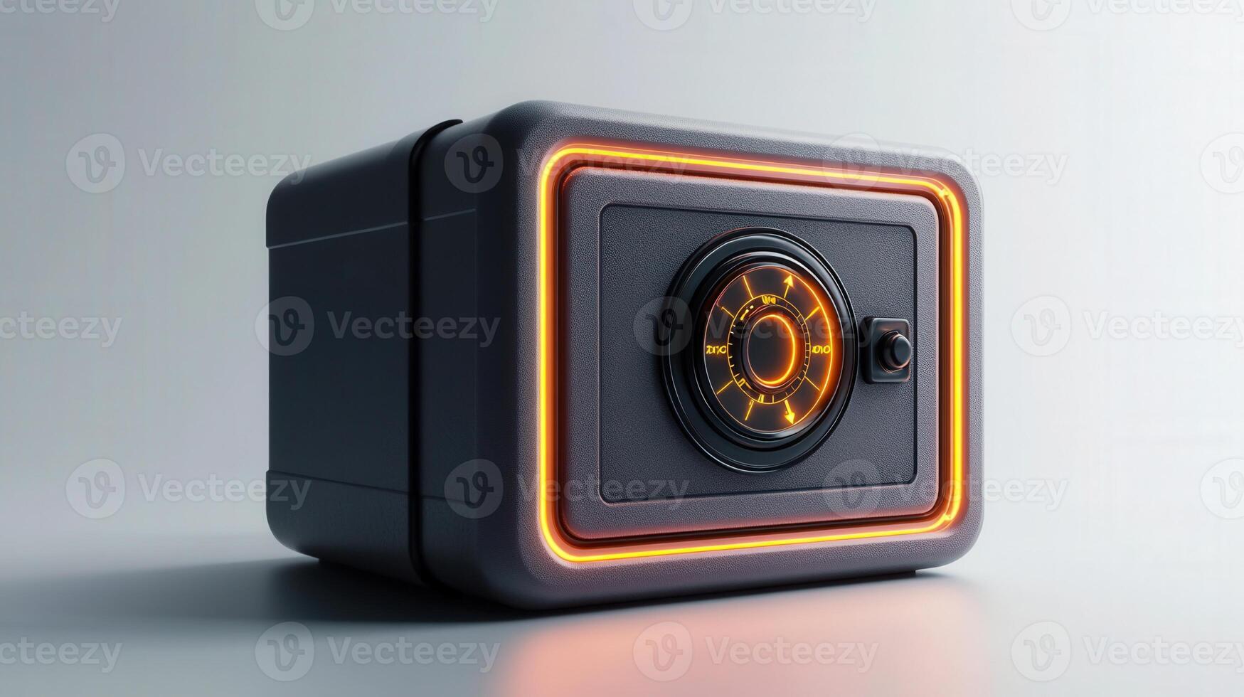 A futuristic-looking safe with glowing orange accents on a gray background, symbolizing security. photo