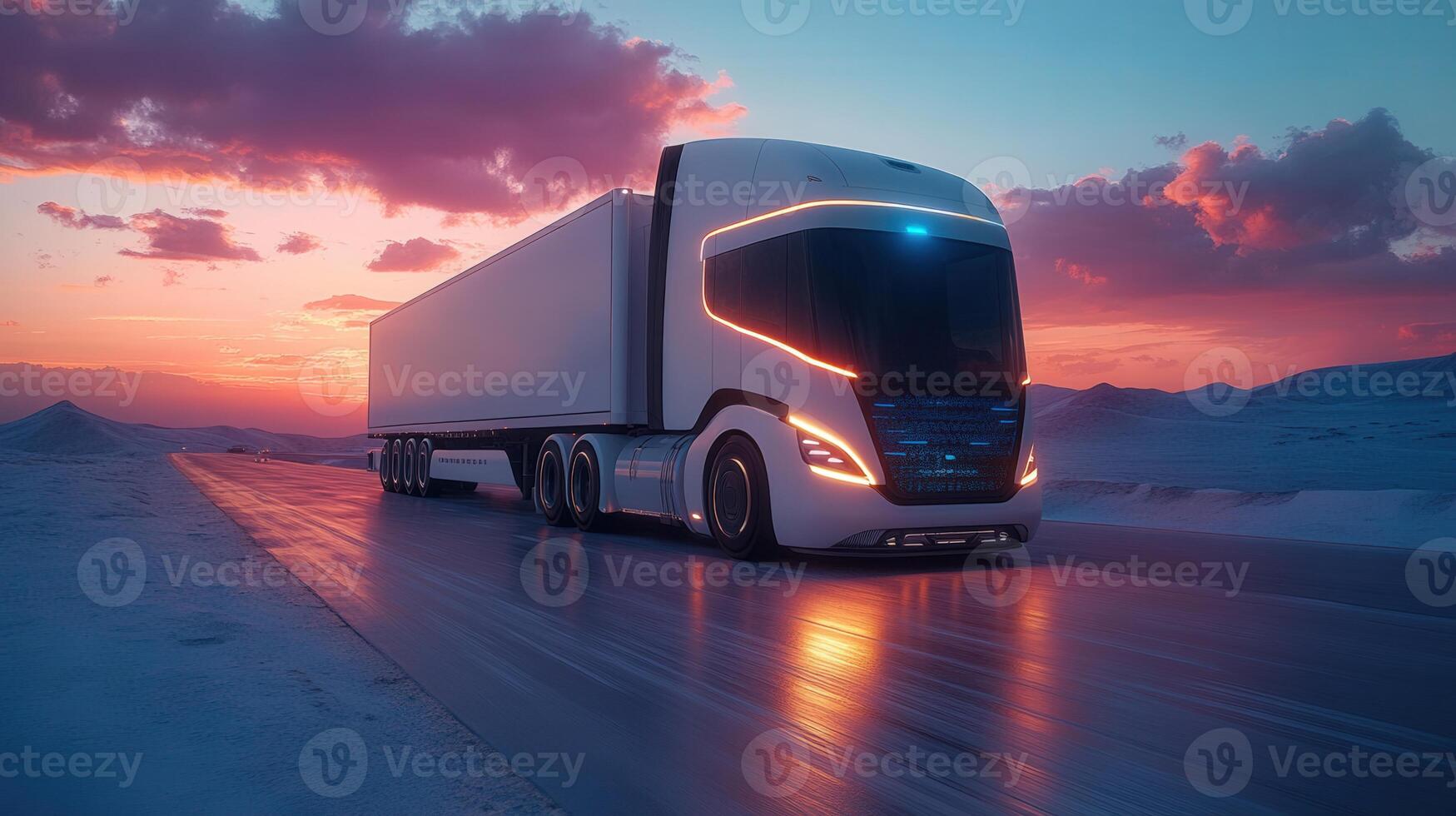 A sleek, modern electric semi-truck is driving at sunset, showcasing advanced automotive technology. photo