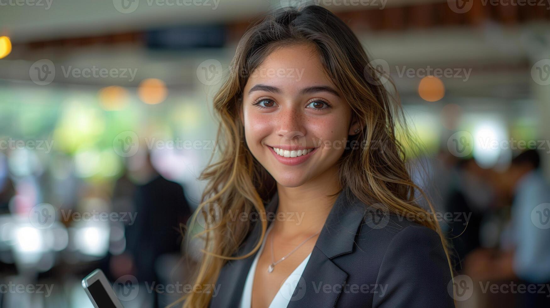 Attractive young businesswoman smiles towards the camera, holding a tablet device. photo