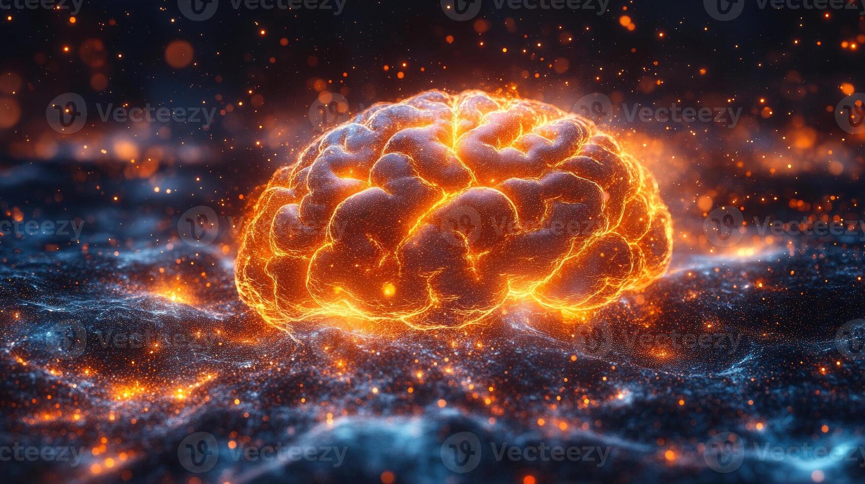 A luminous brain emanates energy within a vast, starry expanse, hinting at powerful intellect. photo