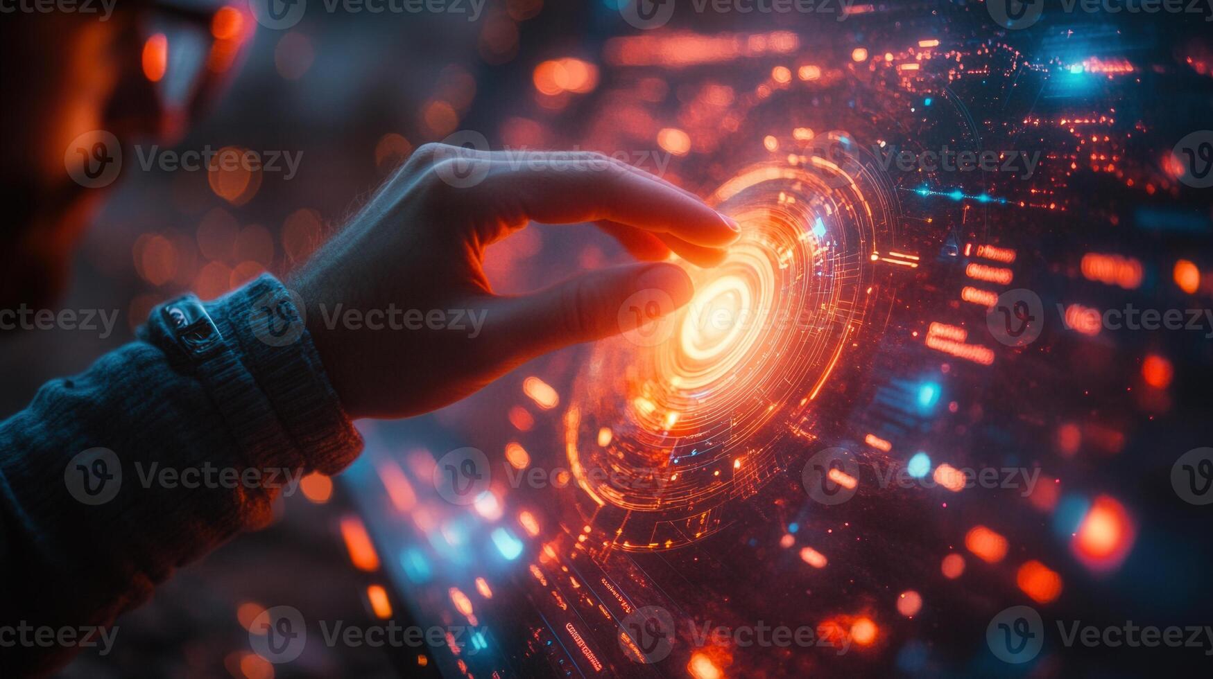 A hand gently touches a futuristic digital interface, creating a vibrant glow of data and innovation. photo