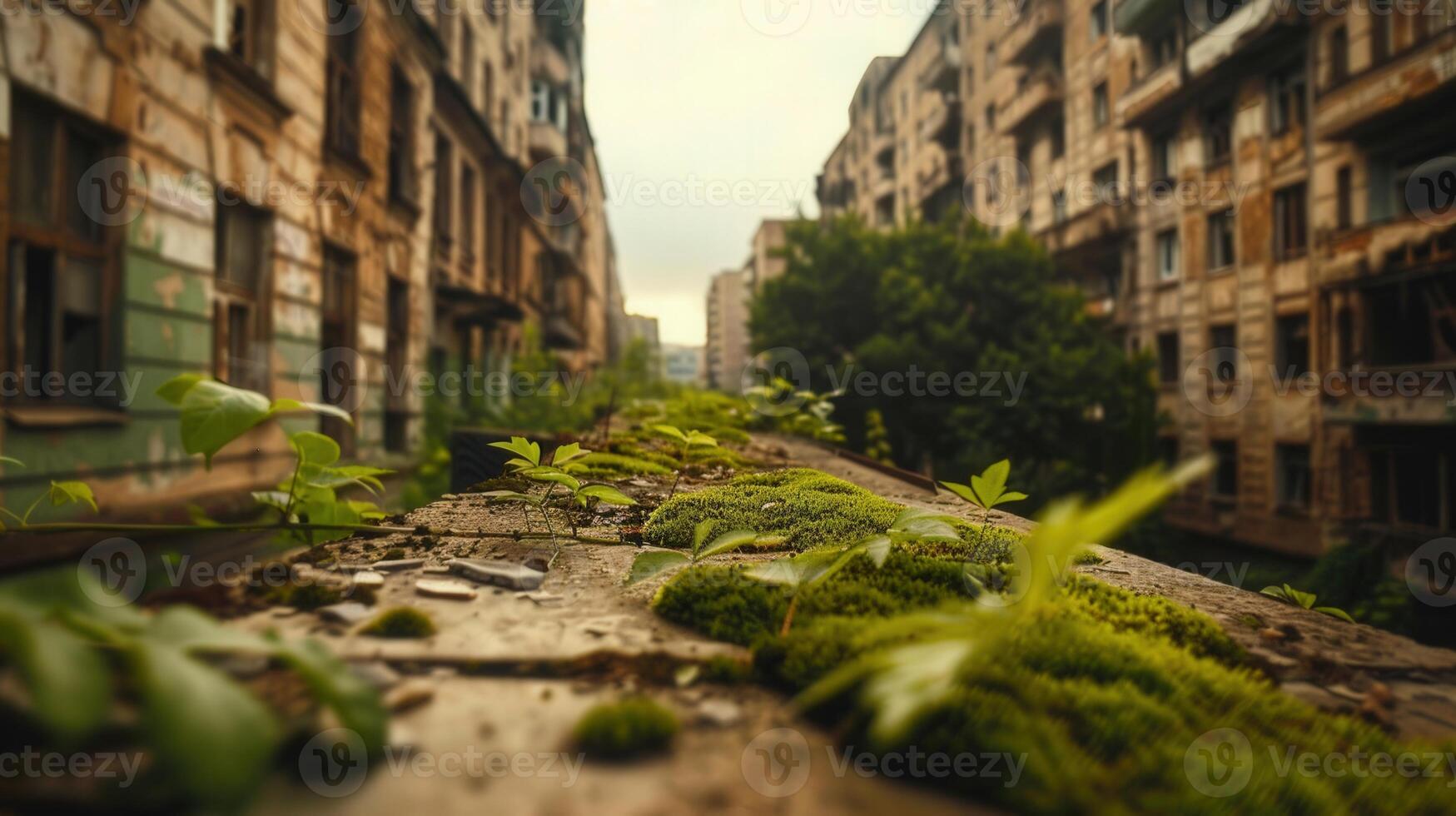 Close-up view of moss and small plants thriving on a concrete surface with a city backdrop. photo